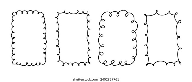 Doodle rectangle and oval looped frames. Hand drawn scalloped edge rectangle and ellipse shapes. Simple label form. Flower silhouette lace frame. Vector illustration isolated on white background.