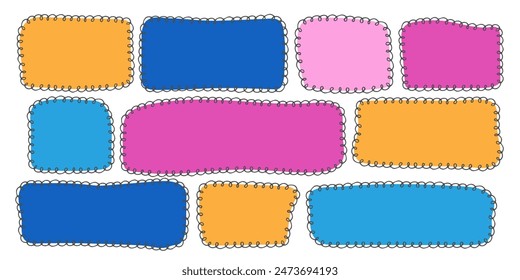Doodle rectangle Text box Frame set. Colorful isolated quote poster. Empty speech bubble. Blank kids simple dialog template collection. Abstract geometric shapes with scribble line