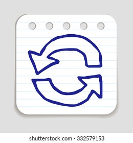 Doodle Recycle and Loader icon. Blue pen hand drawn infographic symbol on a notepaper piece. Line art style graphic design element. Web button with shadow. Ecology, save the planet, preloader concept