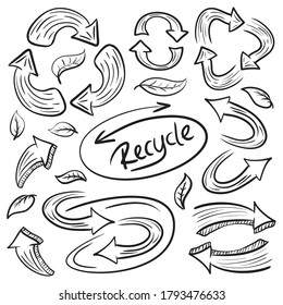 Doodle recycle and reuse vector icon set, Trendy sketching - hand drawn doodle style