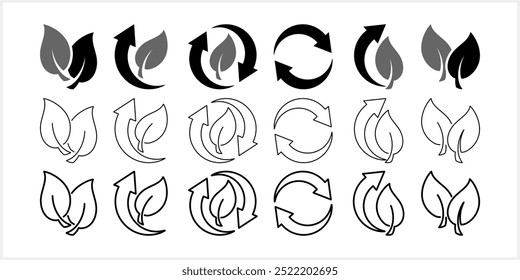 Doodle flecha reciclada con icono de hoja aislado. Vector ilustración de stock