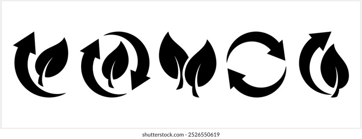Doodle flecha reciclada con icono de hoja aislado. Plantilla Clipart Vector Ilustración de stock