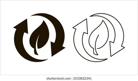 Doodle flecha reciclada con icono de hoja aislado. Vector ilustración de stock