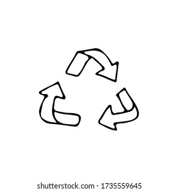 Doodle recycling icon in vector on white background. Hand drawn recycling icon