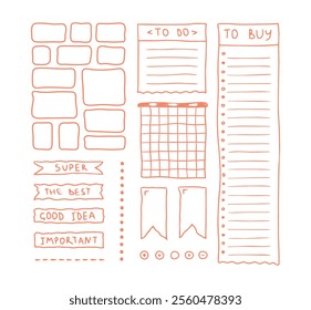 Doodle red bullet journal, textbox, simple set. Hand drawn elements, lists, month names, stickers, planner labels. Sketch scribble style. Vector illustration for diary, planner, notebook