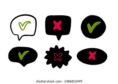 Doodle Red cross and green tick in speech bubbles isolated on white background. Right and Wrong signs vector illustration. Yes and No symbols.