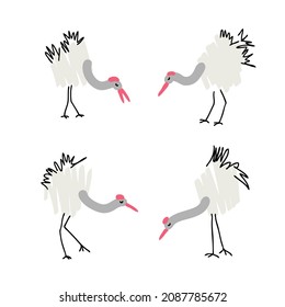 Doodle red crowned cranes collection. Perfect for T-shirt, poster, stickers and print. Hand drawn vector illustration for decor and design.
