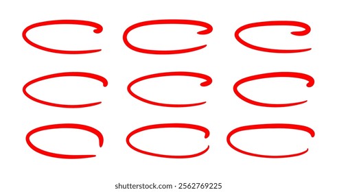 Doodle red ellipses set. Scribble ovals by pen or pencil, bubbles to circle and highlight text. Sketch highlights. Handwriting horizontal ellipses isolated on white background.