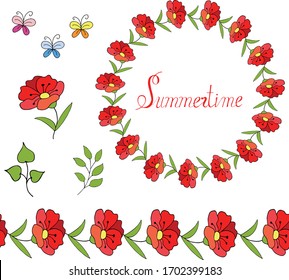 Doodle red flowers and seamless brush. Vector hand draw illustration for congratulations. Celebrate happy mood vector  illustration. Vector hand draw  Illustration EPS10