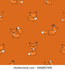 Doodle red fox sketch seamless pattern for nursery. Animal cartoon vector illustration. Cute graphic orange background.