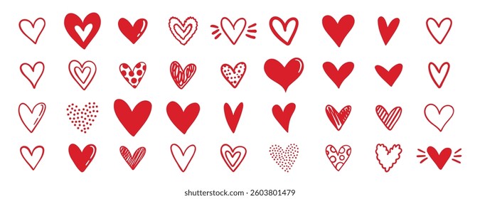 doodle red hearts different shapes for valentine day love icons. hand drawn different heart collection. Vector illustration