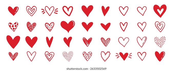 doodle red hearts different shapes for valentine day love icons. hand drawn different heart collection. Vector illustration