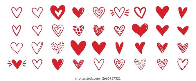 rabiscar corações vermelhos diferentes formas para dia dos namorados ícones de amor. mão desenhou coleção de coração diferente. Ilustração vetorial
