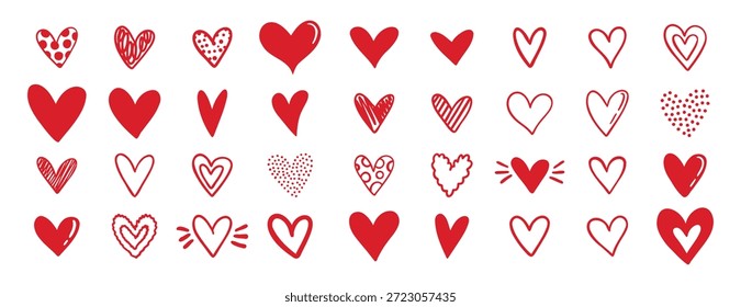 doodle red hearts different shapes for valentine day love icons. hand drawn different heart collection. Vector illustration