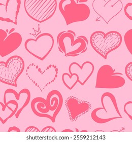 Doodle red hearts seamless pattern. Romantic abstract symbols. Love elements. Repeated print. Valentines hand drawn signs. Romance and passion. Graffiti graphic. Splendid