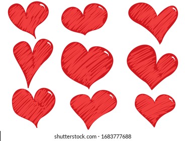 Doodle red hearts. Set of hand drawn heart collection.  Hearts buttons. Vector illustrations.