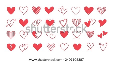 Doodle red hearts set. Valentine's Day, February 14th. Romance and love illustration