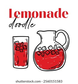 Doodle of red lemonade in a carafe and glass. Simple outline of a soft drink made out of fresh fruits. Vector illustration for online and print design projects. 