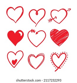 doodle red love hearts icons set. Hand drawn scribble hearts. painted heart shaped elements for valentines day greeting romantic symbols