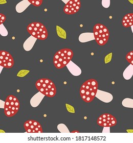 Doodle red mushrooms, yellow dots and green leaf on gray background. Seamless autumn food pattern. Suitable for packaging, textile, wallpaper.