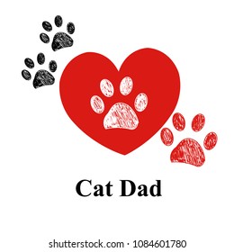 Doodle red paw print. Cat Dad text with heart. Happy Father's Day greeting card