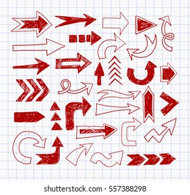 Doodle red pen sketch arrows on lined paper. 