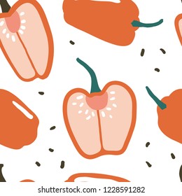 Doodle red pepper vector seamless pattern. Hand drawn texture for kitchen wallpaper, textile, fabric, paper. Food background. Flat vegetables on white. Vegan, farm, natural
