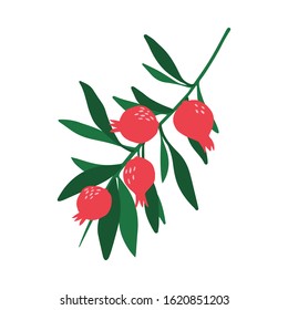 Doodle  red pomegranate branch and leaves isolated on white background. Hand drawn fresh organic summer fruit. Simple cute cartoon design. Vector sketch illustration.