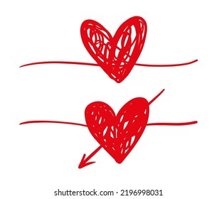 Doodle red sketch hearts, hand drawn love heart collection. Broken love, divorce forever alone style scribble art. Valentine's Day set.