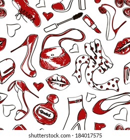 Doodle red and white fashion seamless pattern of shoes and accessories