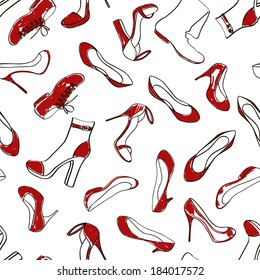Doodle red white seamless pattern of women footwear
