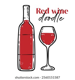 Doodle of red wine bottle and glass. Simple outline of alcoholic drink made out of fermented grapes. Vector illustration for online and print design projects. 