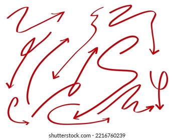 Doodle reds Arrow on Set. arrow icon with various directions. hand drawn style. isolated on a white background. vector illustration