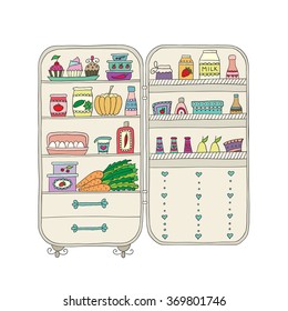 Doodle refrigerator with food drawn by hand. Vector illustration.
