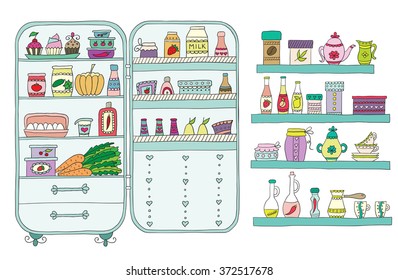 Doodle refrigerator with food drawn by hand. Vector illustration.
