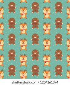 doodle reindeer and gingercookies seamless vector
