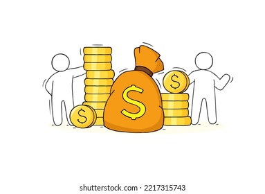 Doodle reople with money bag and gold coins stacks. Business financial increase, growth of salary or investment concept. Vector hand drawn illustration of workers about finance and business