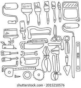 Doodle repair tools, a wide range of items for carpentry, painting and minor repairs vector illustration