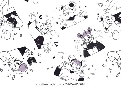 Doodle repeating pattern featuring kids reading books in various poses with different expressions in pastel colors. Ideal for educational textiles, wallpapers, and backgrounds.