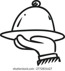 A doodle representing a hand lifting a domed metal cloche, revealing a dish underneath. Symbolizes fine dining and professional service.