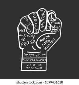 Doodle resist fist protest related icon, isolated on black background. Slogan -Black Lives Matter, No Racism, Stop Killing Black People, No justice,No peace, Time for change, etc.Vector.Social justice