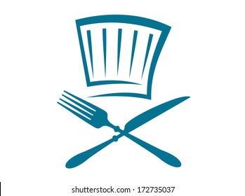 Doodle restaurant or cafeteria sign logo with a crossed knife and fork below a glass in blue on a white background