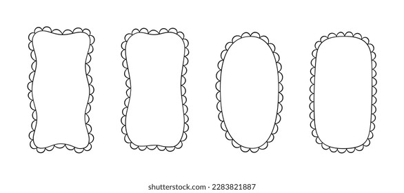 Doodle retangle and oval scalloped frames. Hand drawn scalloped edge rectangle and ellipse shapes. Simple label form. Flower silhouette lace frame. Vector illustration isolated on white background.