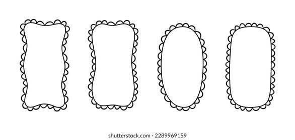 Doodle retangle and oval scalloped frames. Hand drawn scalloped edge rectangle and ellipse shapes. Simple label form. Flower silhouette lace frame. Vector illustration isolated on white background.