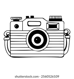 Doodle retro camera illustration with bold outlines. Hand drawn photo camera with a lens, viewfinder, knobs, buttons, a strap, and horizontal lines.