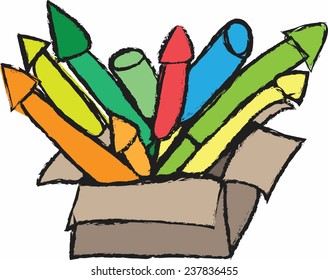 doodle retro firework rockets in box, vector