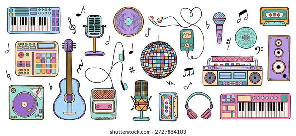 Doodle Retro Musik Elemente Set. Tastatur, Kassette, Disco-Ball, Aufnahme, Trommel und Kopfhörer handgezeichnete Vektorgrafik-Clipart-Sammlung.