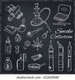 Doodle retro smoke set with hookah, vape, cannabis and pipes. Isolated vector illustration for identity, design, decoration, packages product and interior decoration