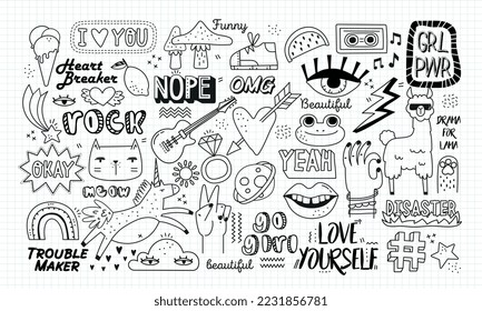 Doodle retro stickers set. Collection of minimalistic icons for social media and messengers. Guitar, inscriptions and gestures, unicorn. Cartoon flat vector illustrations isolated on white background