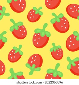Doodle Retro Strawberry seamless pattern. Cartoon Strawberries randomly located on a yellow background. Rounded Strawberry seamless pattern for fabric, paper, textile, cover. Vector kid print.